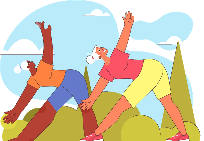 Young ladies are doing yoga in garden  Illustration