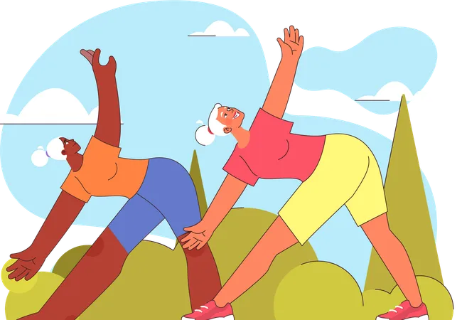 Young ladies are doing yoga in garden  Illustration