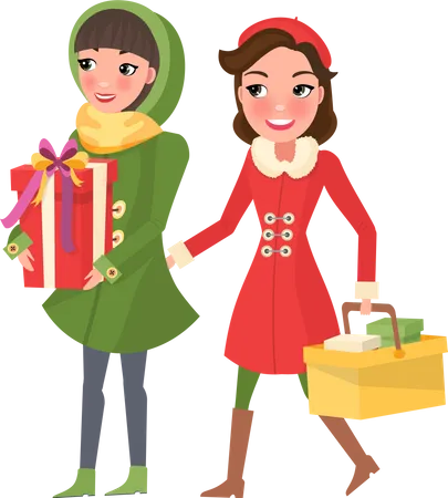 Christmas Holidays Preparation Of Women Shopping Vector Female Friends Walking Together Girlfriends Bought Presents Decorated With Ribbons Bows Illustration