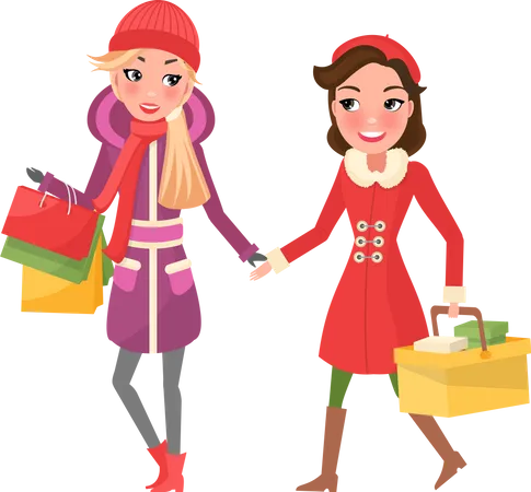 Christmas Shopping Of Best Friends Girl Shoppers Vector Person Walking With Package In Hands Close Females Customers Winter Holidays Presents Illustration