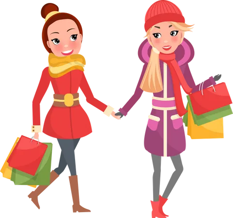 Christmas Shopping Female Friends With Packages Vector Ladies Walking From Shops With Purchase Bags And Presents To Family Winter Holidays Activity Illustration