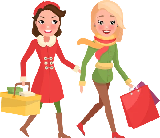 Christmas Wintertime Winter Holiday Preparation Vector Woman Carrying Paper Package And Basket With Products Females Friends Shopping Together Illustration