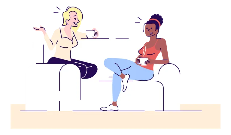 Girls Gossiping Flat Vector Illustrations Young Female Friends Sitting On Sofa Drinking Tea Sharing Latest News Students Relaxing Cartoon Characters With Outline Elements On Green Background Illustration