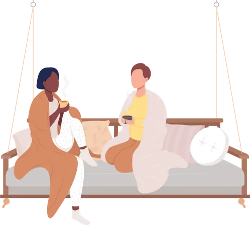 Friends Sitting On Hanging Couch Semi Flat Color Vector Characters Interacting Figures Full Body People On White Hygge Isolated Modern Cartoon Style Illustration For Graphic Design And Animation Illustration