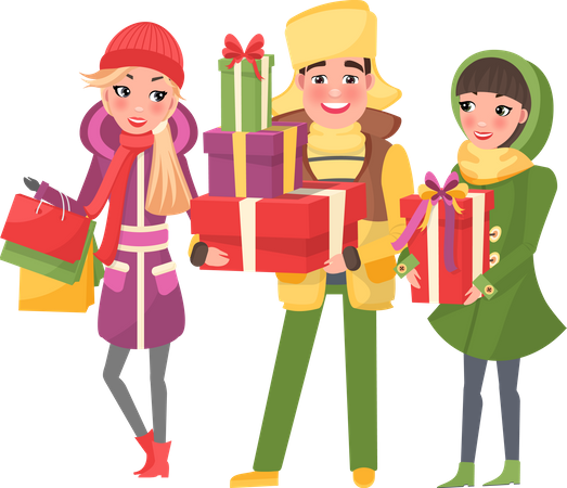 Young ladies is gathering surprise gifts for Christmas  Illustration