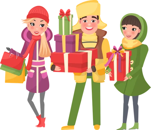 Christmas Shopping Happy People With Presents Vector Xmas Preparation Winter Holiday Approaching Man Carrying Gift Boxes Decorated With Tape Bows Illustration