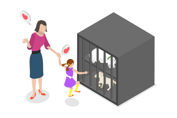 Young lady and daughter adopting homeless animals  Illustration