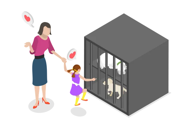 Young lady and daughter adopting homeless animals  Illustration