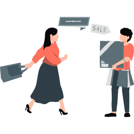 Young lady and man discuss about shopping sale  Illustration