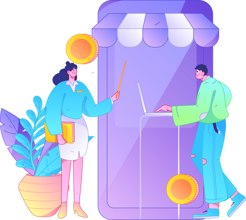 Young lady and man doing mobile shopping  Illustration