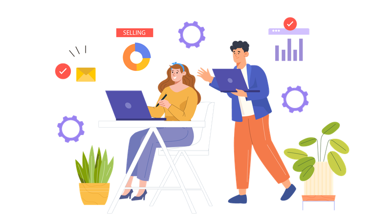 Young lady and man making marketing analysis  Illustration