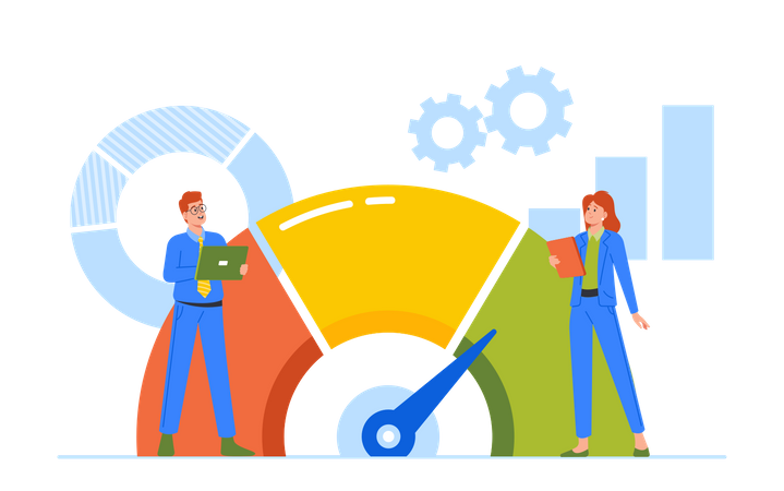 Young Lady And Man With Tablets Analyzing Huge Rate Scale Chart  Illustration