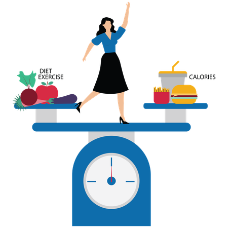 Young lady Balancing between calories with exercise and diet  Illustration
