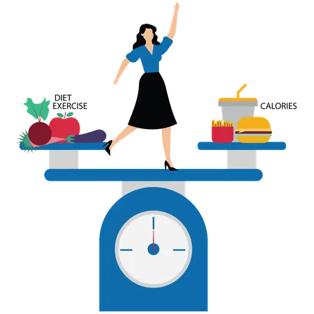 Young lady Balancing between calories with exercise and diet  Illustration