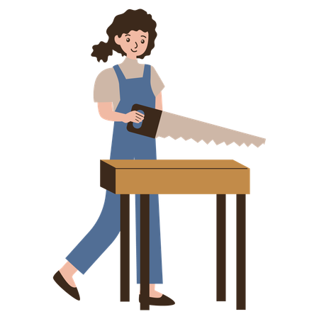 Young lady carpenter cutting a table using handsaw  Illustration