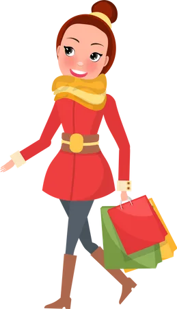 Christmas Shopping Day Smiling And Going Woman With Brown Hair Red Overcoat With Yellow Scarf And Jeans With Brown High Boots And Colored Packages Vector Illustration