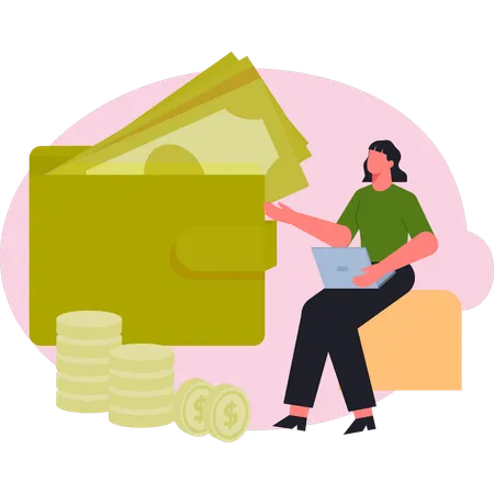 Young lady collecting money wallet  Illustration