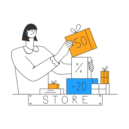 Young lady decorates discounted products on store window  Illustration