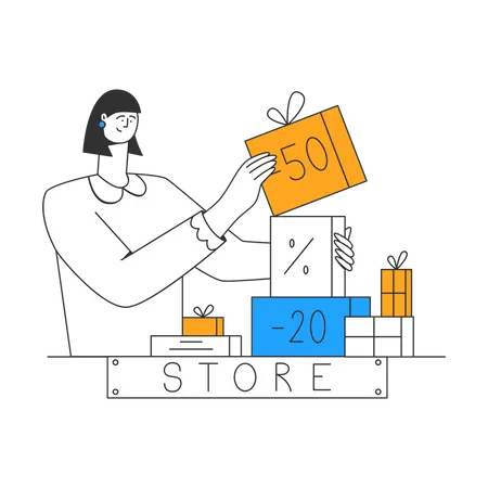 Young lady decorates discounted products on store window  Illustration