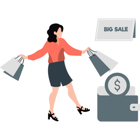 Young lady doing big sale shopping and payment  Illustration