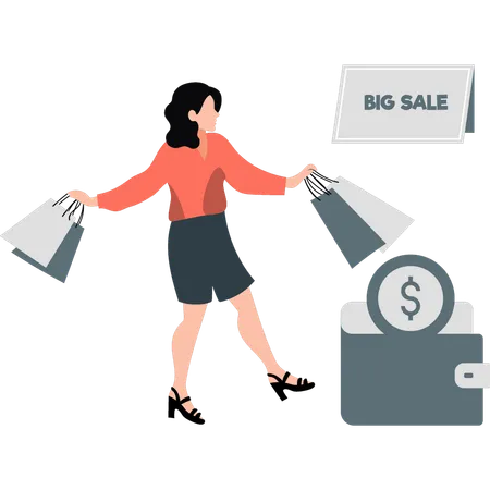Young lady doing big sale shopping and payment  Illustration