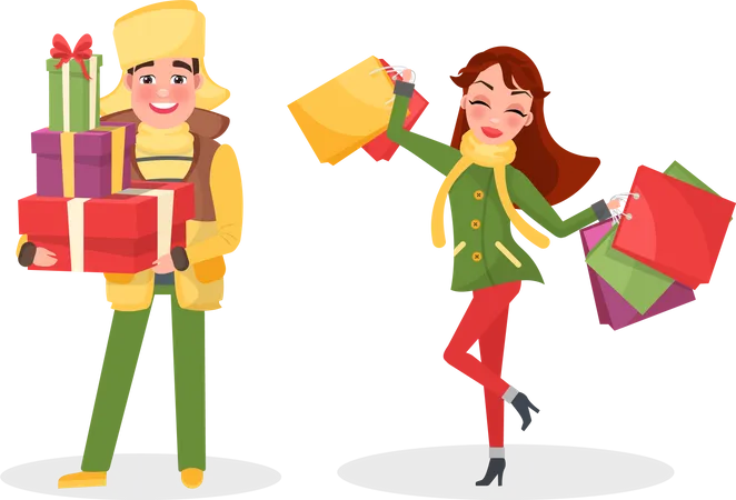Christmas Shopping People Preparing To Winter Holidays Vector Man Holding Pile Of Gift Boxes Decorated With Wrappings And Bows Woman With Packages Illustration