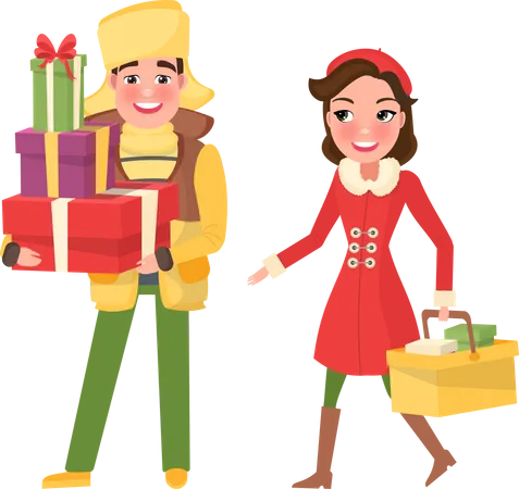 Christmas Shopping Winter Holidays Preparation Vector Lady Carrying Basket Walking By Man Holding Presents In Boxes Gifts Decorated With Ribbons イラスト