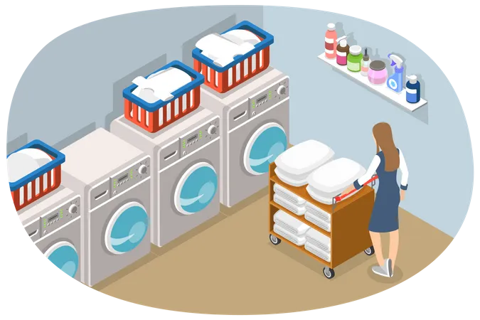3 D Isometric Flat Vector Conceptual Illustration Of Hotel Laundry Staff Cleaning Service Illustration