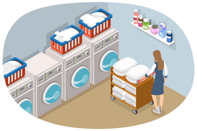 Young lady doing hotel laundry work  일러스트레이션