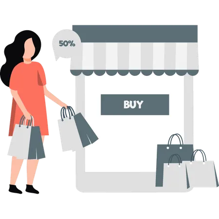 A Girl Is Shopping Online Illustration