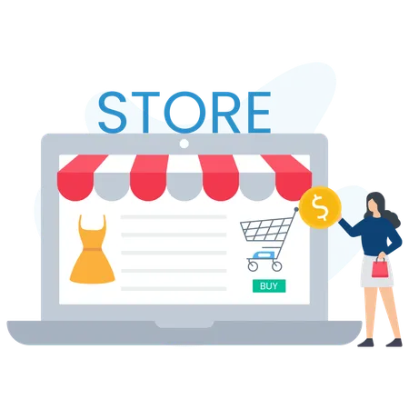 Shopping Store에서 온라인 쇼핑을 하는 젊은 여성  일러스트레이션