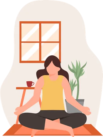 Young lady doing padmasana yoga in home  Illustration