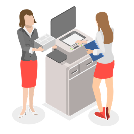 Young lady doing paperwork with printer  Illustration