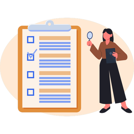 Young lady doing research on checklist  Illustration