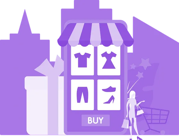 Young Lady Doing Shopping From Mobile Apps  Illustration
