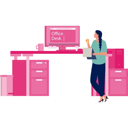Young lady enjoying drink standing next to office desk  Illustration