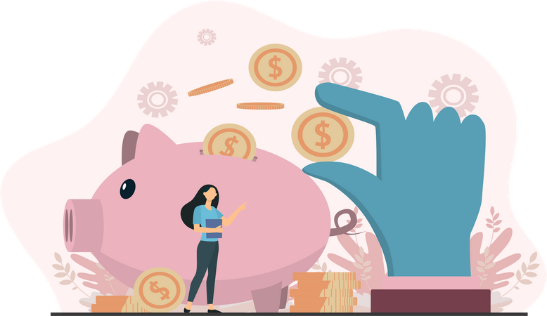 Young Lady Explaining About Investments In Piggy Bank Illustration