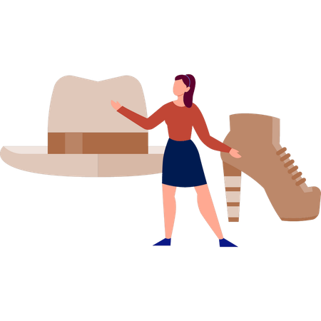 帽子のファッションを説明する若い女性  イラスト
