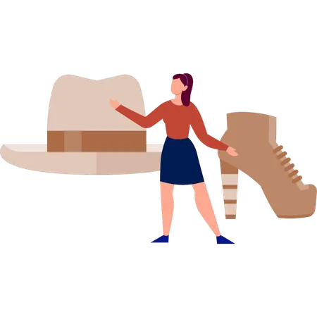 帽子のファッションを説明する若い女性  イラスト