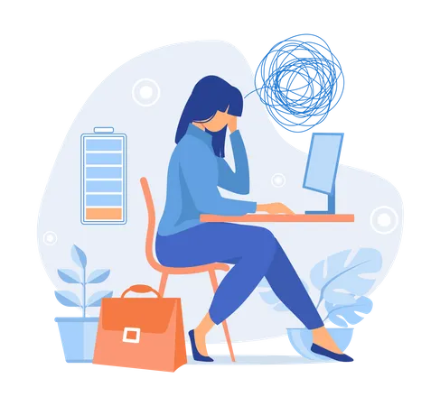 Young Lady Facing Stress Of Overload Work Illustration