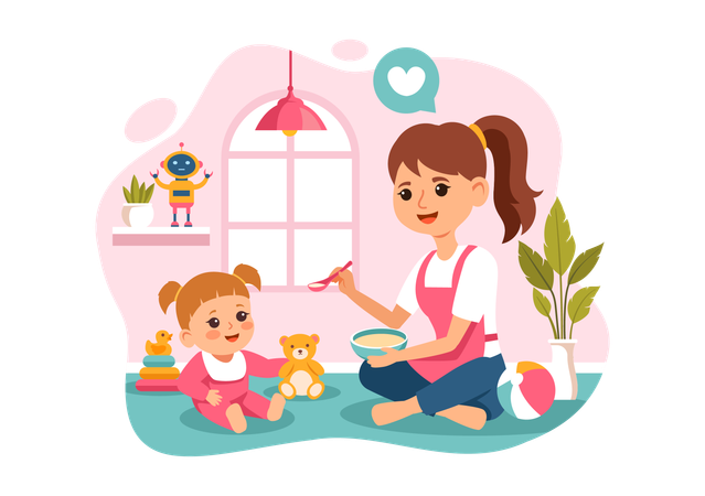 Young lady feeding food to little girl  Illustration