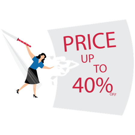 Young lady fighting with Sale and discounts cut prices  Illustration
