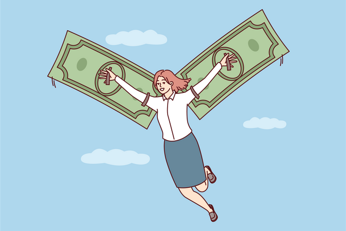 Young lady flying with dollar note  Illustration