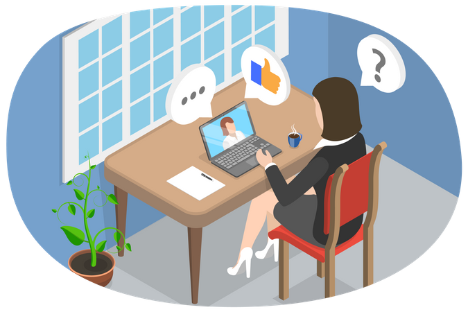 Young lady giving interview online  Illustration