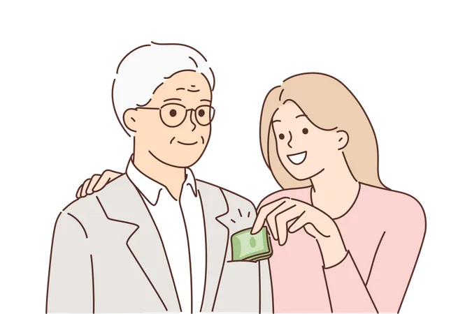 Young lady giving money to her grand father  Illustration