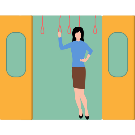 Young lady grasping handle of the bus  イラスト