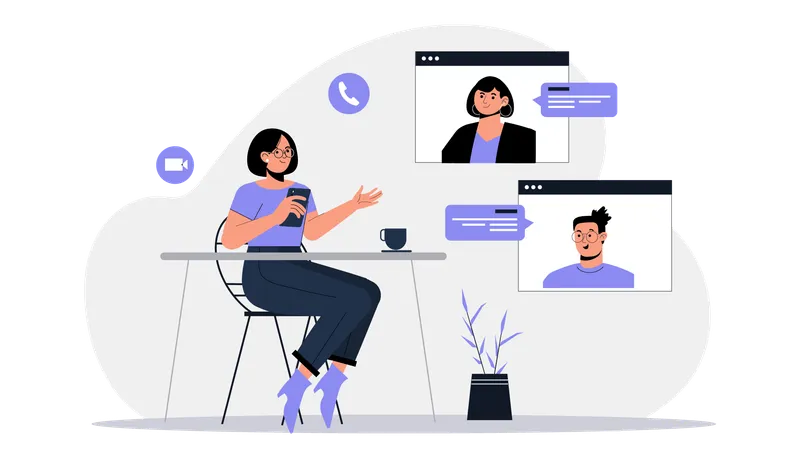 Young lady having online business meeting  Illustration