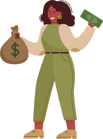 Young lady holding cash and money bag  イラスト