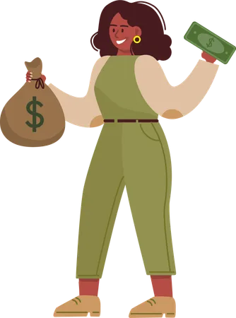 Young lady holding cash and money bag  Illustration