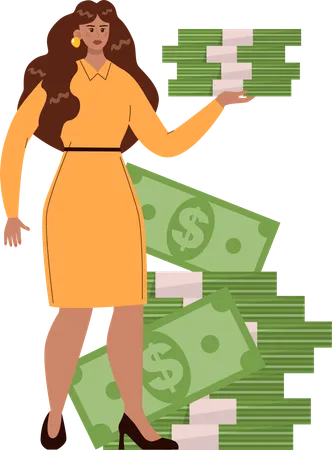 Young lady holding cash bundles  Illustration